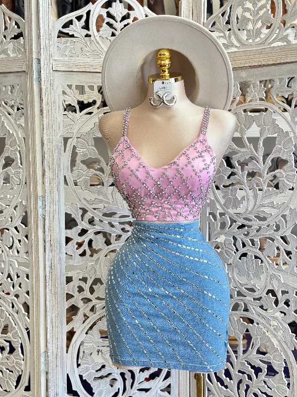 Asymmetrical Rhinestone Mini Skirt- Estira, Stretchy silk skirt sleek
