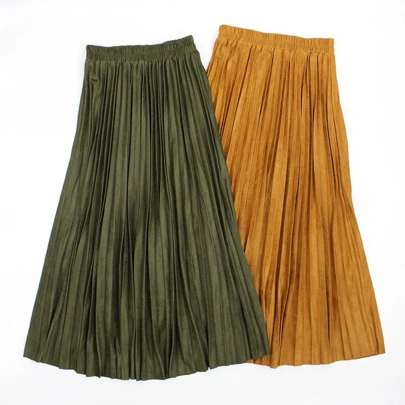 Autumn Winter Women Long Skirt Jupe Longue Suede Pleated Skirts a Line Maxi Khaki Skirt Elastic Waist Jupe Plissee Femme velvet skirt luxury