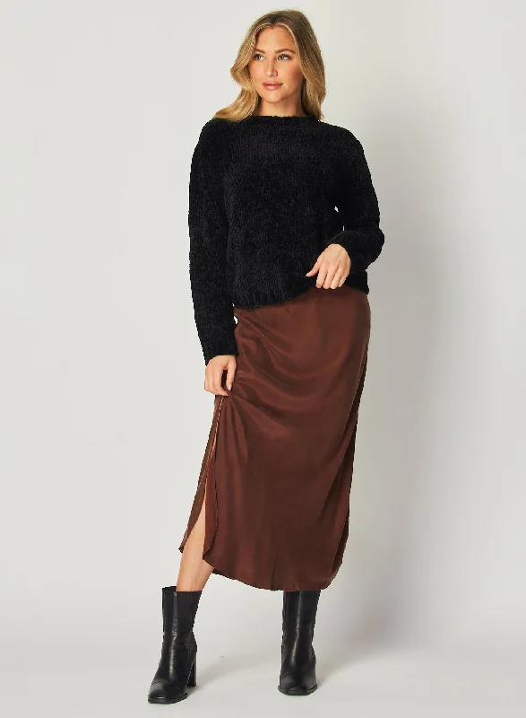 Asymmetric Side Slit Bias Skirt - Mahogany Brown leather skirt refined