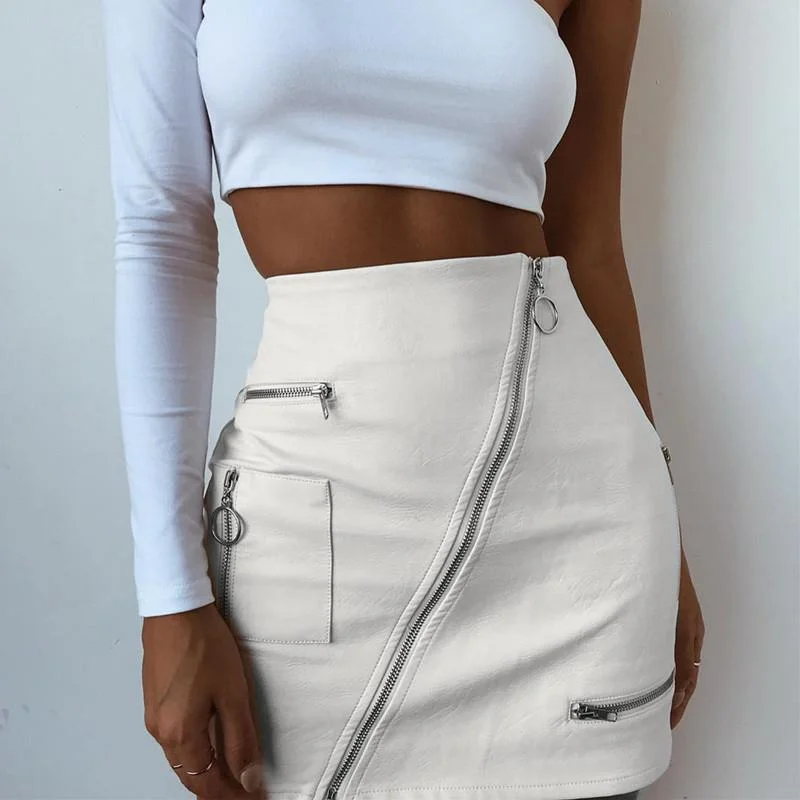 Bellissa Leather Zip Up Skirt button skirt front