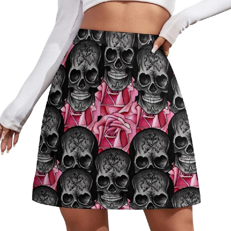 Black Skulls Pink Floral Ladies Short Skirt mini skirt trendy