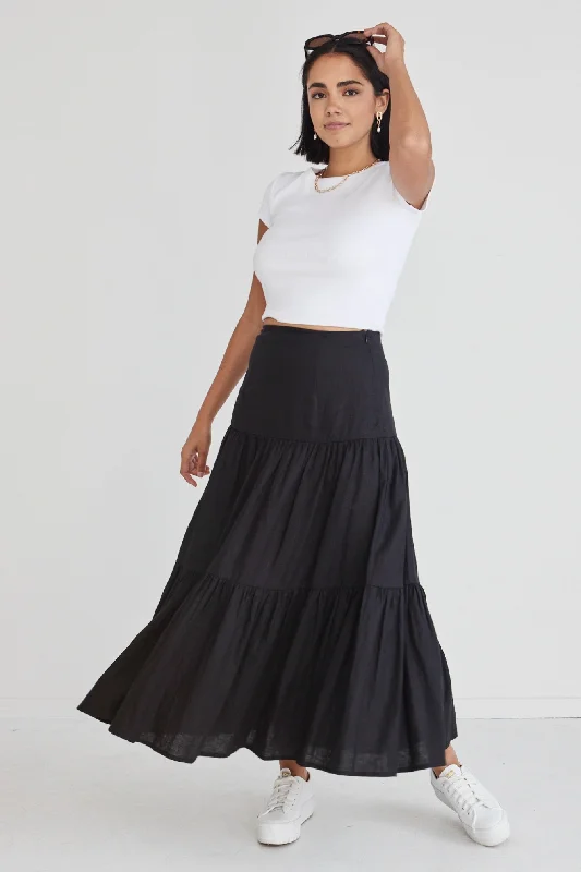 Blazing Black Tiered Linen Midi Skirt chiffon skirt airy