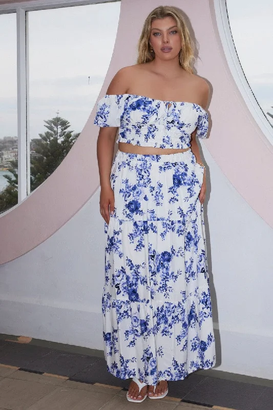 Blue Floral Tiered Elastic Waist Maxi Skirt lace skirt romantic