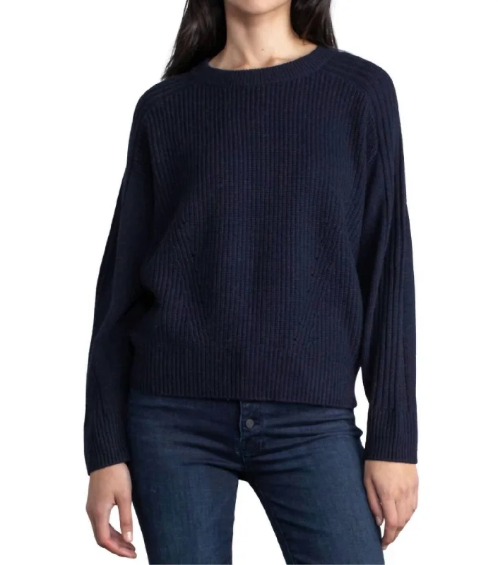 Boyfriend Sweater In Navy Welt Pockets Slit Pockets Flap Pockets