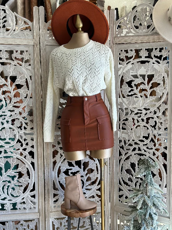 Brown Faux Leather Skirt with Pockets silk skirt lustrous