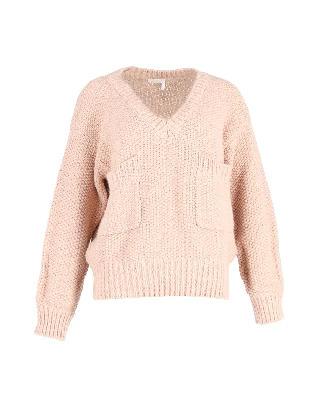 Chloé Oversized Chunky V-Neck Sweater in Peach Wool Soft Cozy Warm