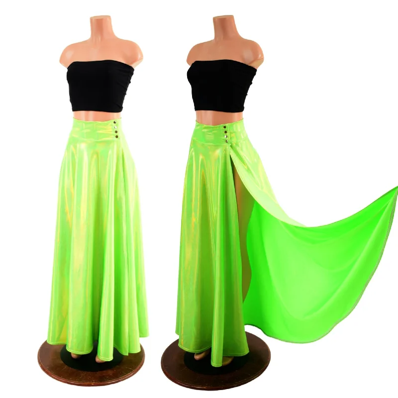 Lime Holographic Breakaway Maxi Skirt flowy skirt hem