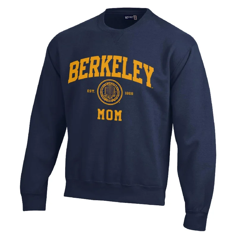 U.C. Berkeley arch & seal Mom one ply applique cotton rich crew-neck sweatshirt-Navy Hoodie with Hem Elastic Stretchable Comfortable U.C. Berkeley arch & seal Mom one ply applique cotton rich crew-neck sweatshirt-Navy Hoodie with Hem Elastic Stretchable Comfortable
