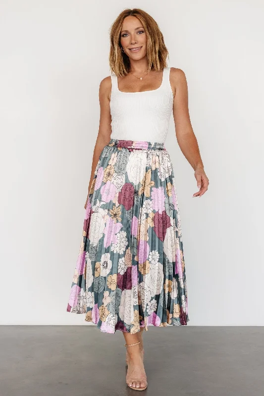 Cori Pleated Skirt | Vintage Teal Floral linen skirt natural