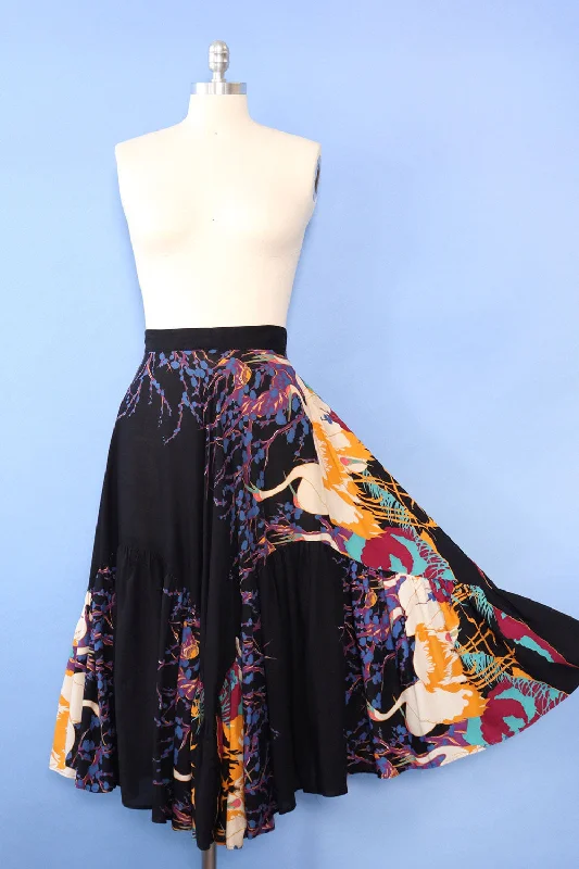 Crane Print Ruffled Skirt S/M silk skirt elegant