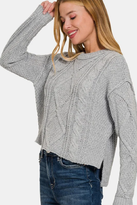 Cropped High Low Cable Sweater with Side Slits Long Sweater Short Sweater Cropped Sweater