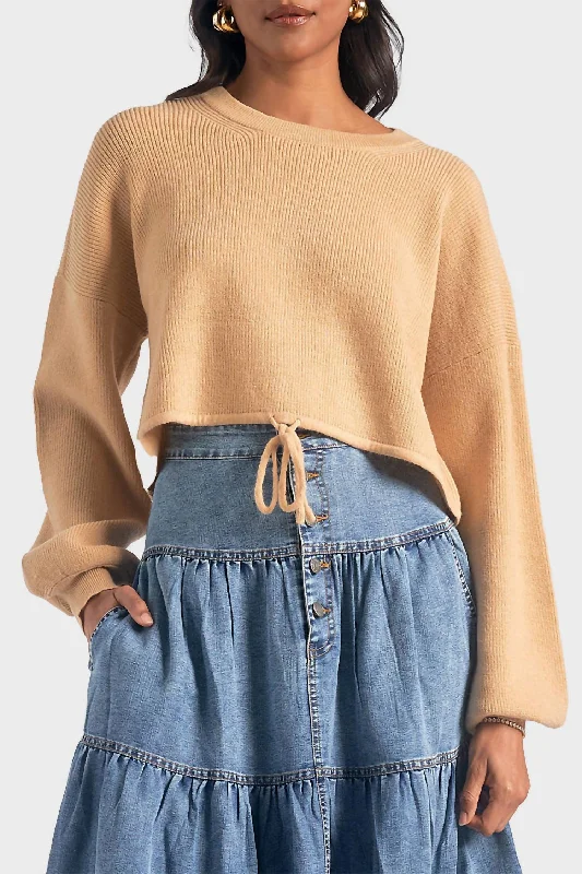 Drawstring Pullover Sweater In Beige Spandex Rayon Corduroy