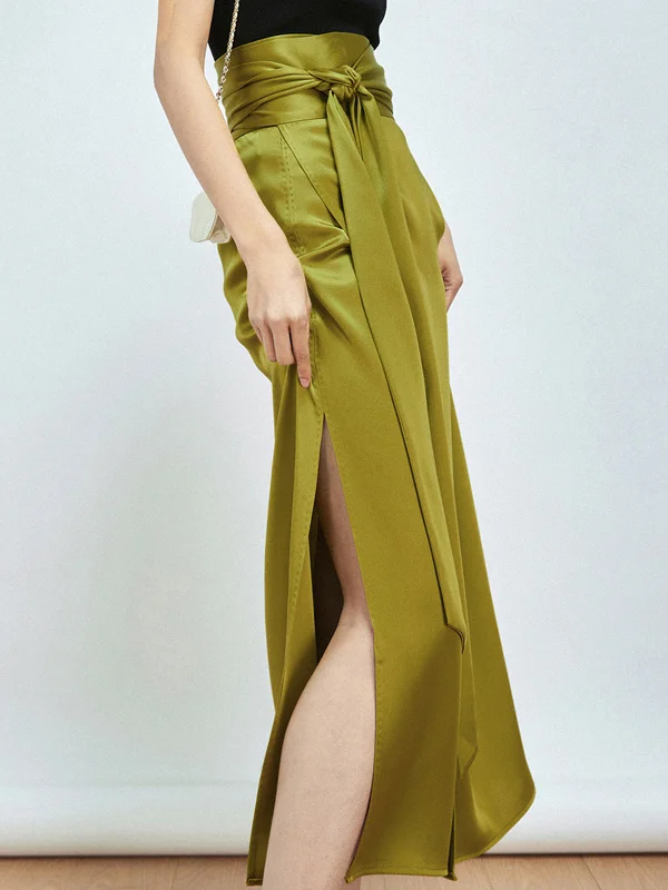 BerryBetty - Effortless Tie Front Satin Flowy Slit Midi Skirt leather skirt durable