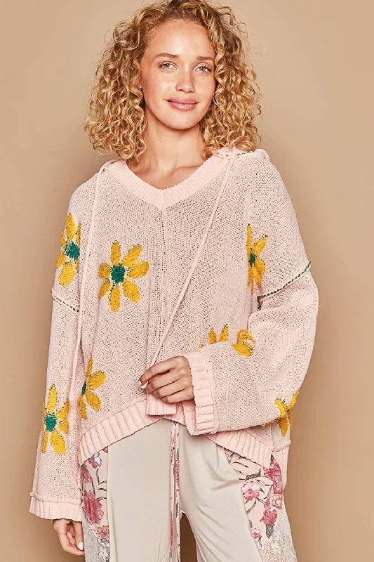 Floral Pattern Hooded High-Low Sweater Transparent Opaque Sheer