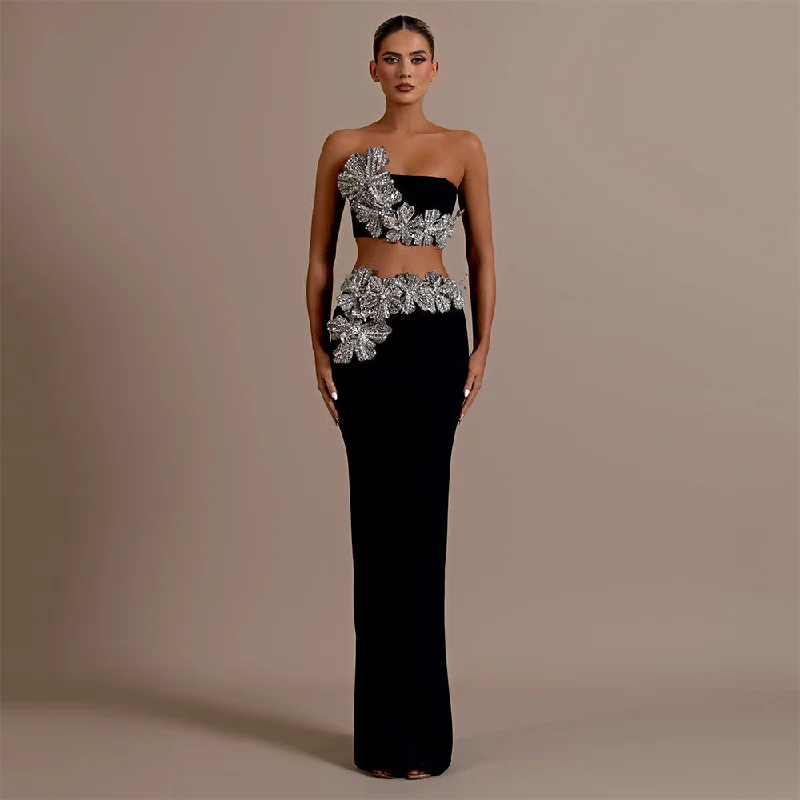 Sexy Floral Rhinestone Embedded Tube Top, Long Skirt Two Piece Set modal blend skirt