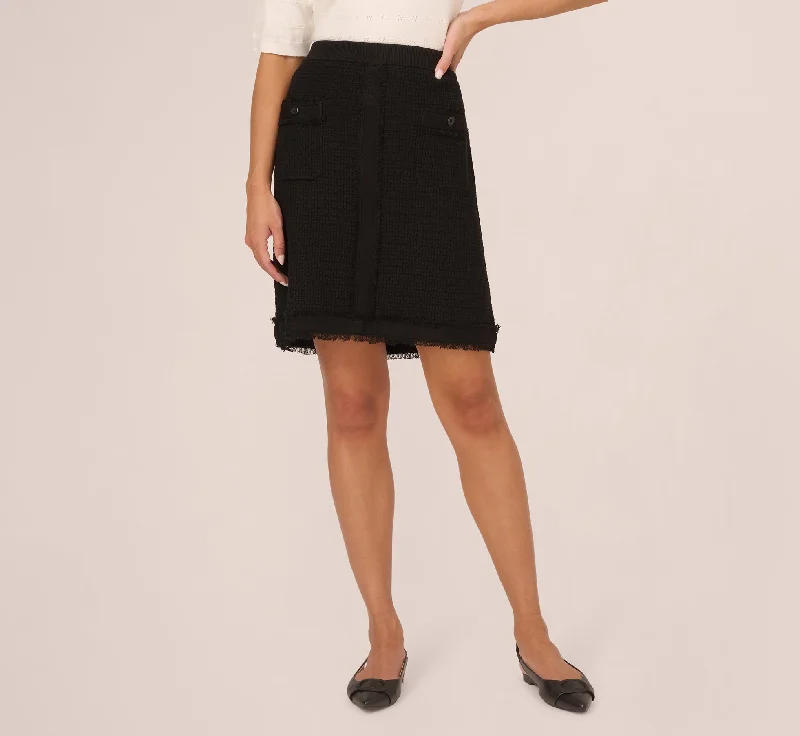 Fray Trimmed Pencil Skirt With Pockets In Black wool skirt sturdy