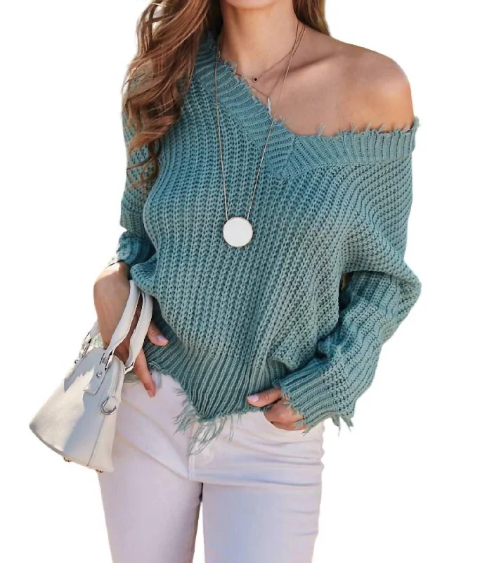 Frayed V-Neck Sweater In Mineral Blue Solid Color Striped Floral Print