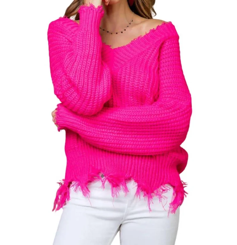 Frayed V-Neck Sweater In Neon Pink Neon Metallic Matte