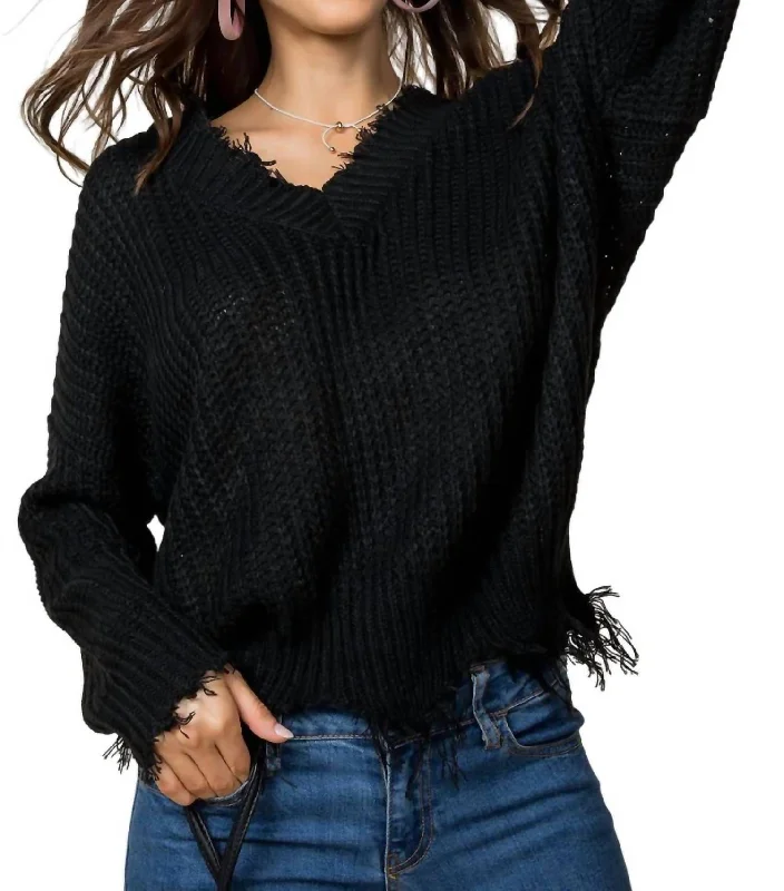 Frayed Zig Zag Sweater In Black High Neck Crew Neck V-Neck