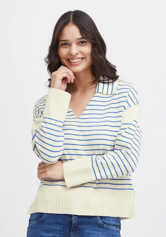 Fransa Carmen V-Neck Striped Sweater, Beaucoup Blue Anti-Pilling Anti-Shrink Durable