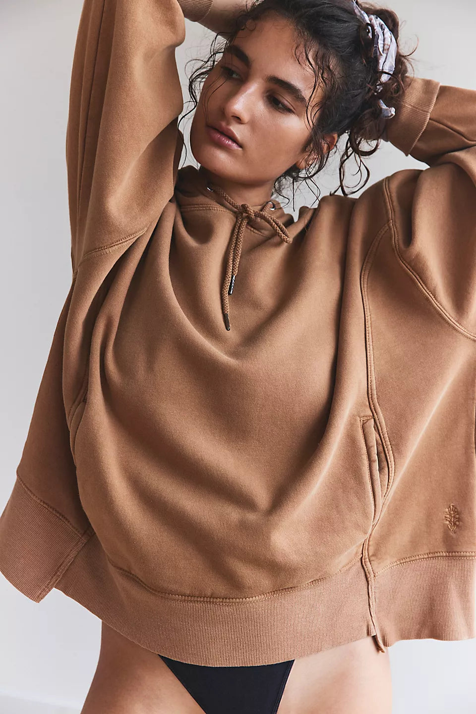Free People Sprint To The Finish Hoodie - CAMEL Hoodie with Zipper Placket Modern Functional
