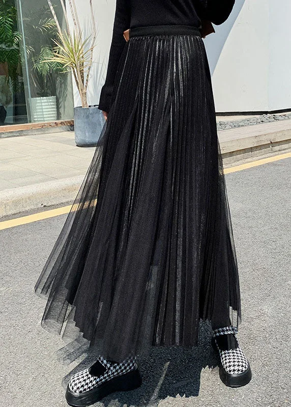 French Black Patchwork tulle Skirts Spring silk skirt sleek