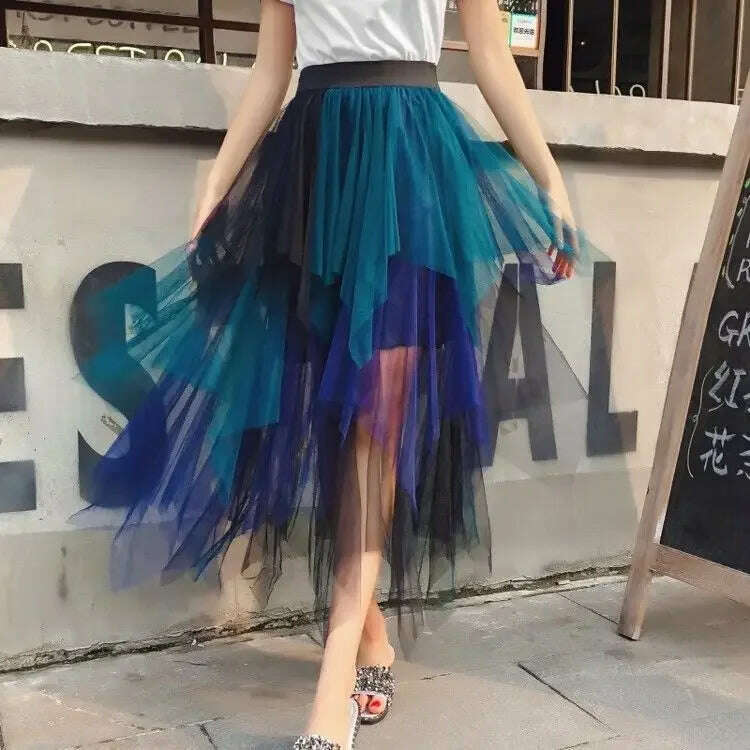 Gradient Color Irregular Tulle Skirt Spring and Summer High Waist Bubble Skirt Long Woman Skirts Mujer Faldas Saias Mulher velvet skirt plush