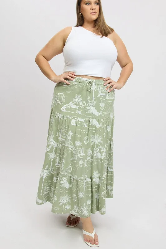 Green Abstract Tiered Maxiskirt Tie Waist spandex blend skirt