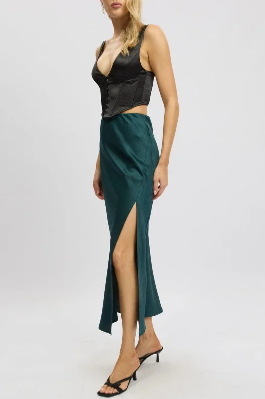 Green Slip Skirt High Waist Front Split Midaxi Satin chiffon skirt lightweight