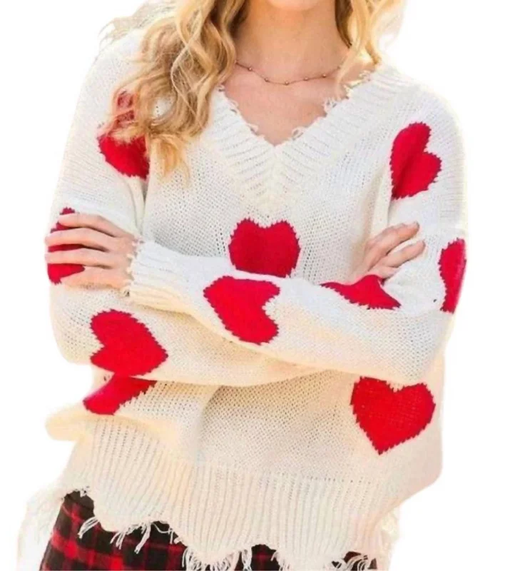 Heart Distressed Sweater In Off White Fleece Sweater Nylon Polyester