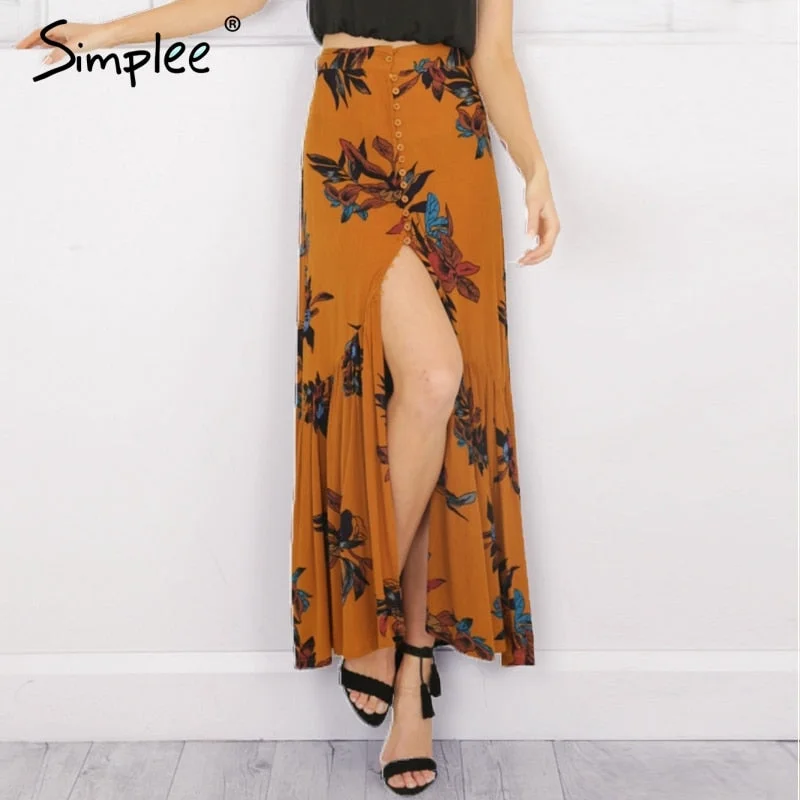 High waist boho print long skirt Women split maxi skirt lace skirt delicate