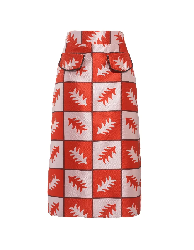 Iona Red White Fern Print Silk Jacquard Skirt silk skirt lustrous