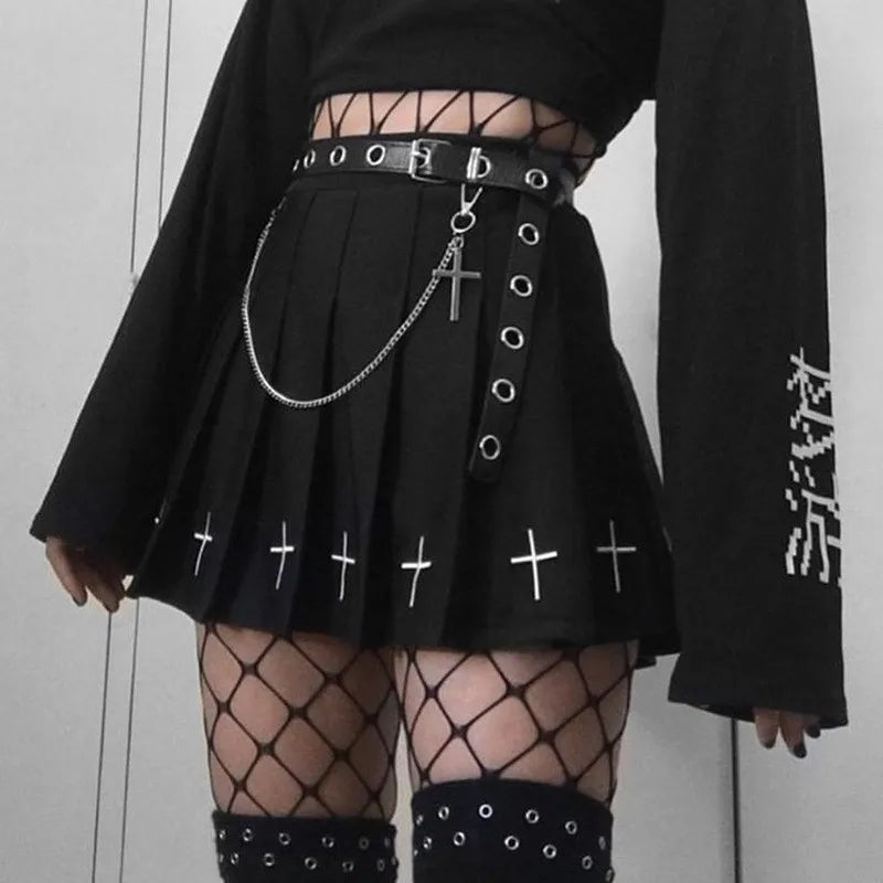 Women's High Waist Gothic Mini Ladies Cross Pattern Mini Pleated Dark Style Skirt chiffon skirt floaty