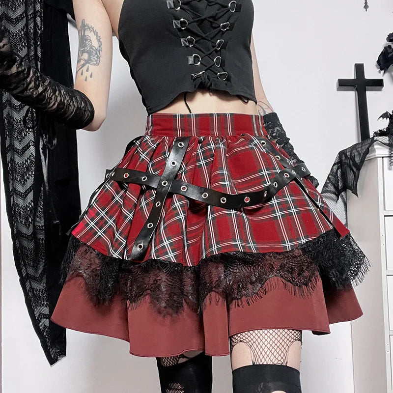 Y2k Lolita Cake Mini Gothic Harajuku Girls Plaid Pleated Sweet Lace Kawaii Skirt denim skirt fashionable