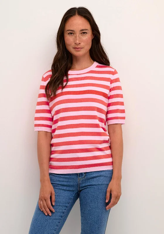 KAFFE Kalizza Stripe Short Sleeve Knit Sweater, Pink Mist Fitted Slim Tailored