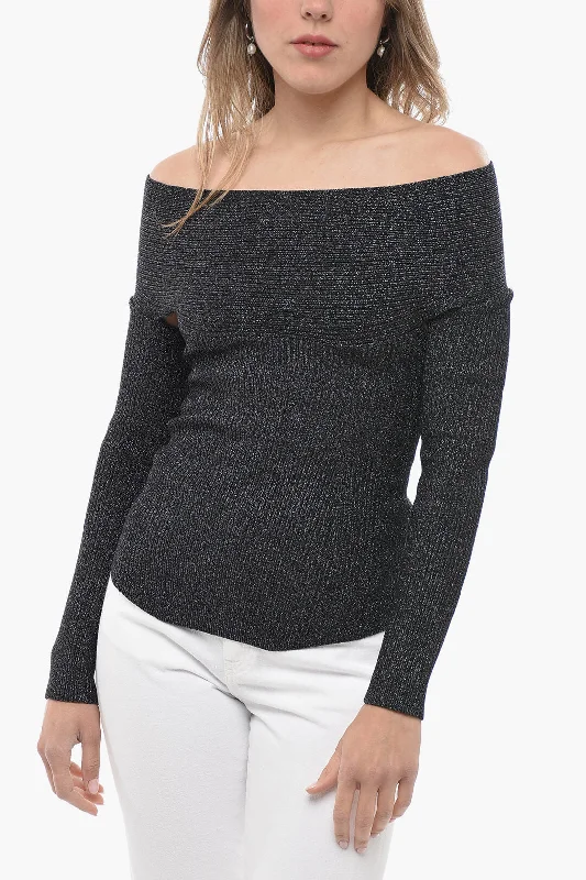 Khaite Boat Neckline Lurex Ribbed Sweater Tailored Straight A-Line