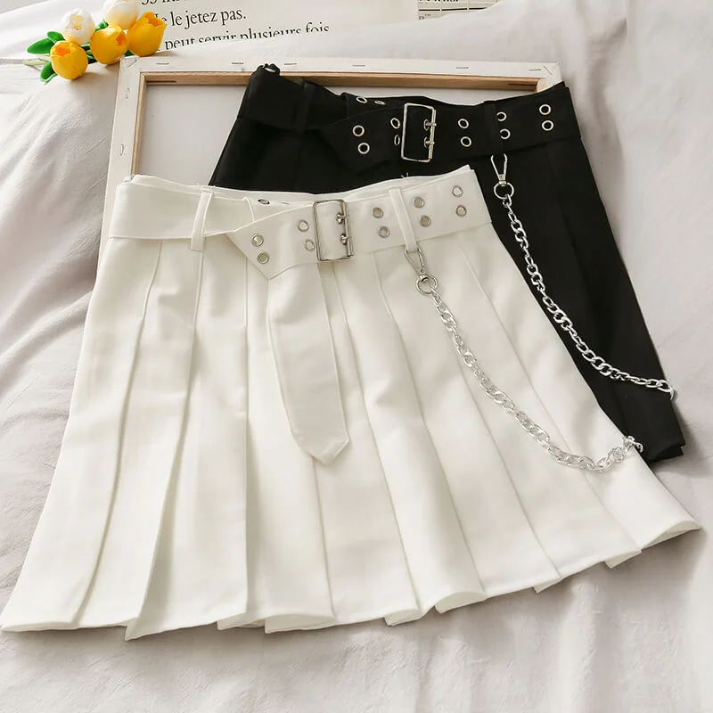 KOREAN FASHION PLEATED CHAIN SKIRT BY61901 belted skirt waist