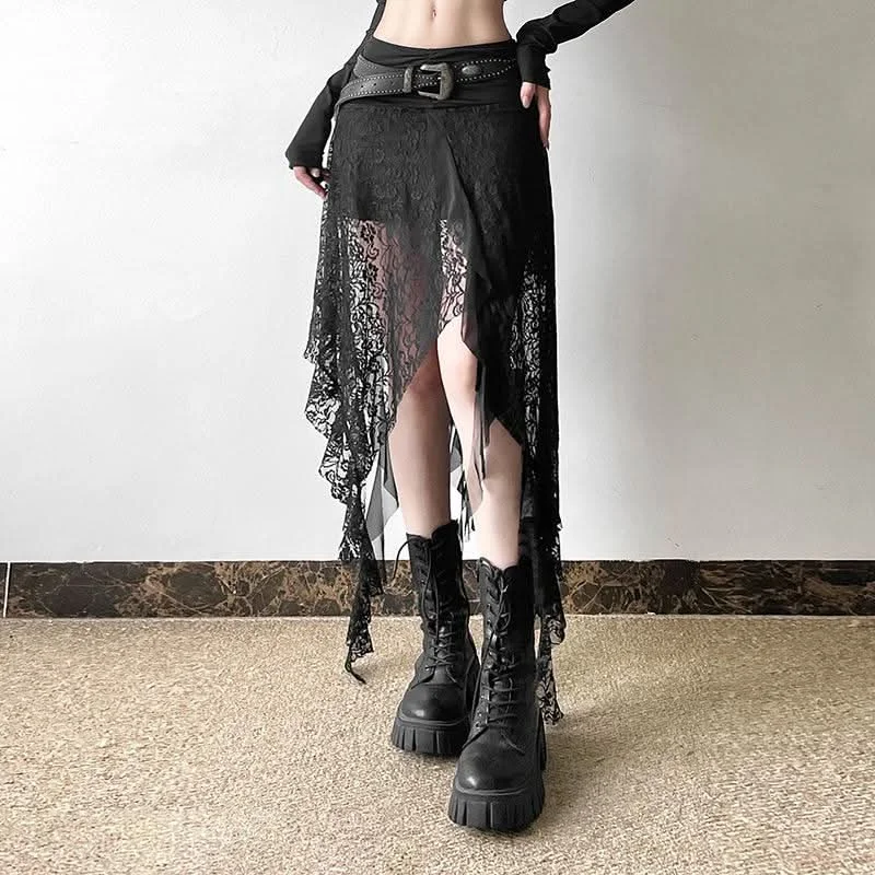Lace mesh patchwork ruched ruffle midi skirt wool skirt warm
