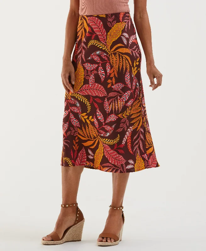 Leaf Print Shine Midi Bias Skirt cashmere skirt soft