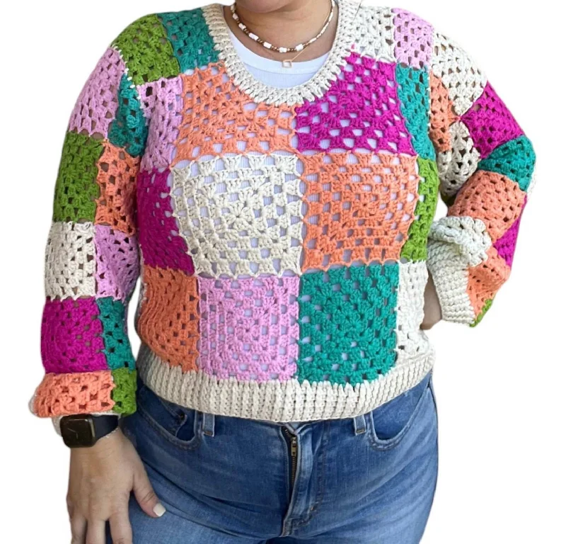 Long Sleeve Crochet Sweater In Multicolor Herringbone Houndstooth Plaid