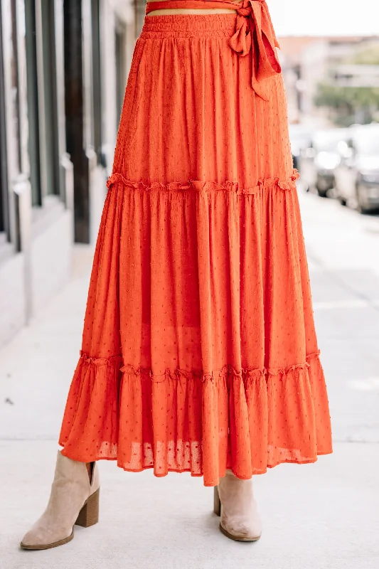 Love Collides Rust Orange Swiss Dot Maxi Skirt asymmetrical skirt cut