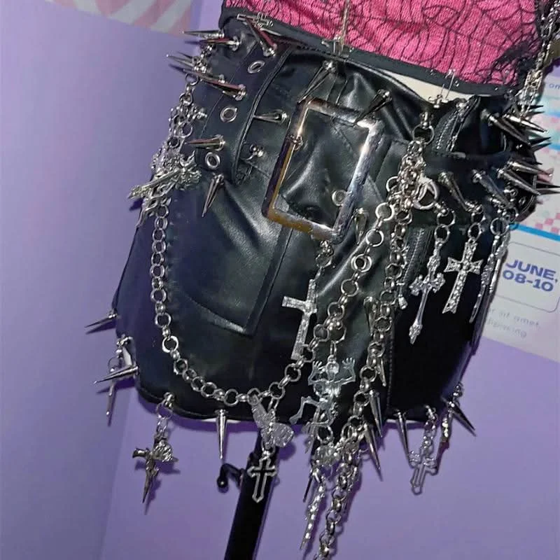 Metal chain PU leather rivet applique zip-up mini skirt denim skirt classic