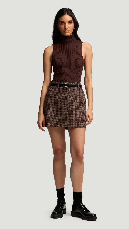 Mini Tailored Skirt in Viscose Blend | Brown/Camel Houndstooth silk skirt sleek