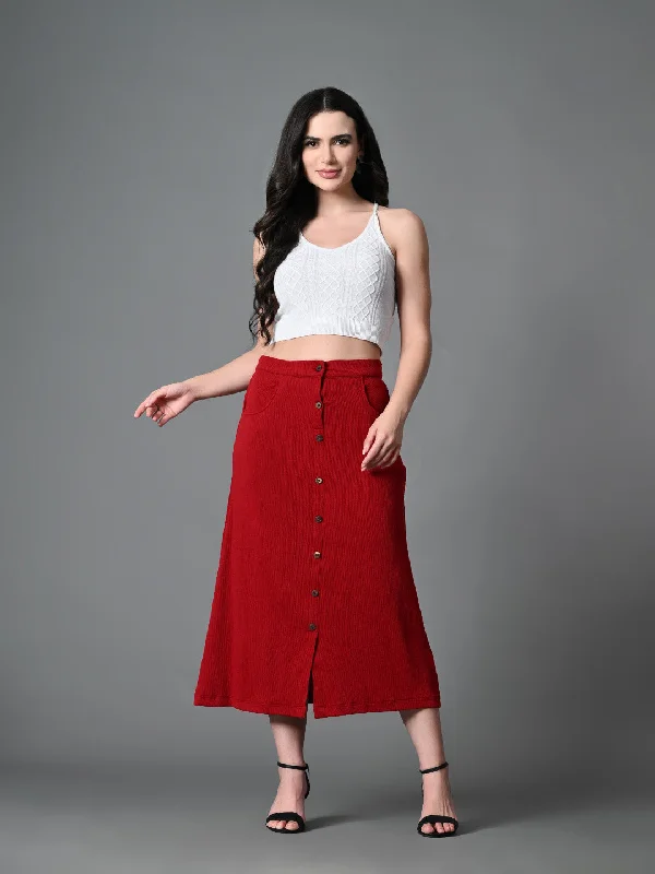 Myshka Women's Solid Ribbed A-Line Embellished Casual Skirt in Maroon Color boho skirt vibe