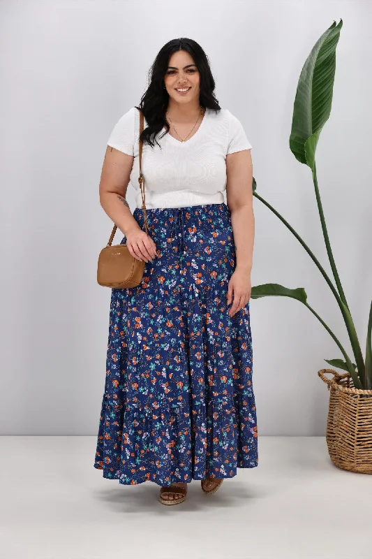 New U Collection Ditsy Floral Blue Maxi Skirt cotton skirt soft