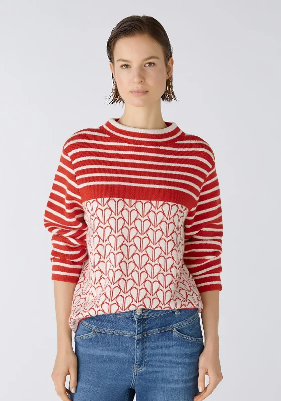 Oui Pattern Mix Knit Sweater, Off White & Red Toggled Drawstring Belted