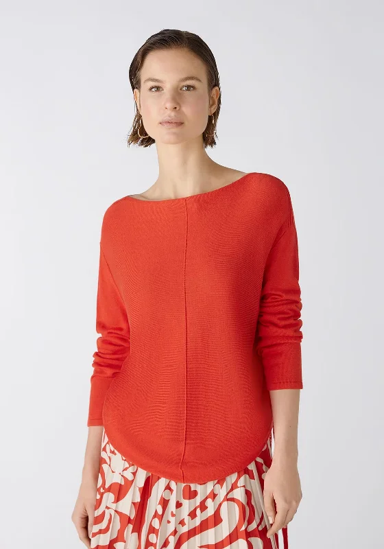 Oui Submarine Neckline Fine Yarn Sweater, Aura Orange Herringbone Houndstooth Plaid