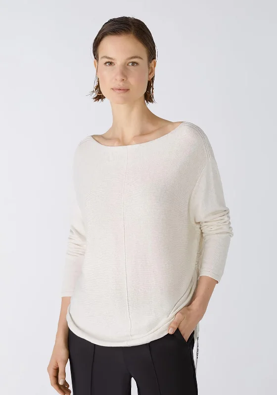 Oui Submarine Neckline Fine Yarn Sweater, Off-White Lace Blend Ribbed Blend Corduroy Blend