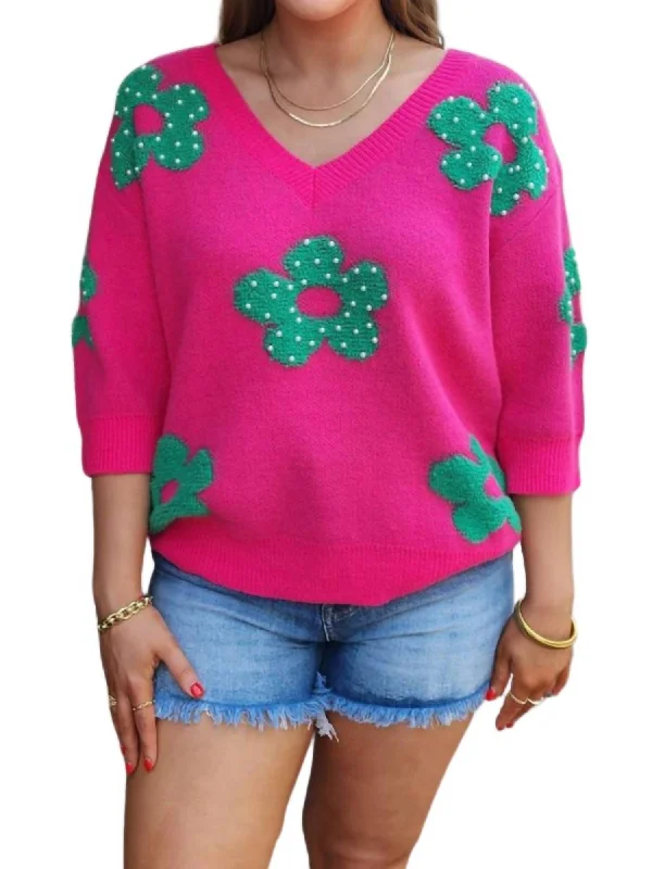 Pearl Beads Flowers Sweater Top In Fuchsia/jade Open Front Closed Front Wrap Front