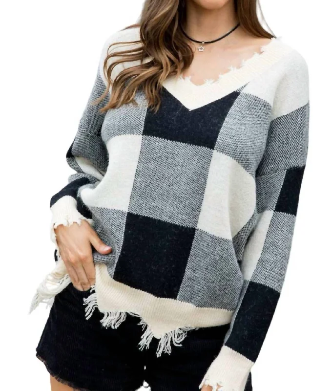 Plaid Frayed Sweater In Multi Cashmere Blend Cotton Blend Poly Blend